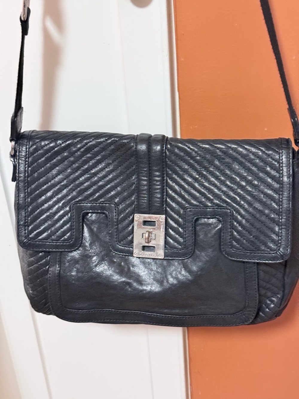 L.A.M.B. Quilted Chevron Black Leather Crossbody Bag